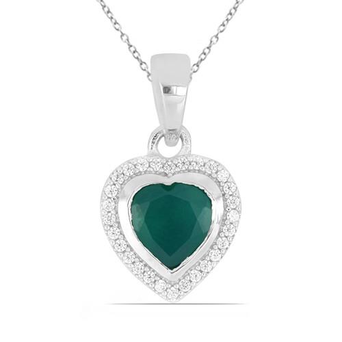 BUY REAL GREEN ONYX GEMSTONE HALO HEART PENDANT IN 925 SILVER